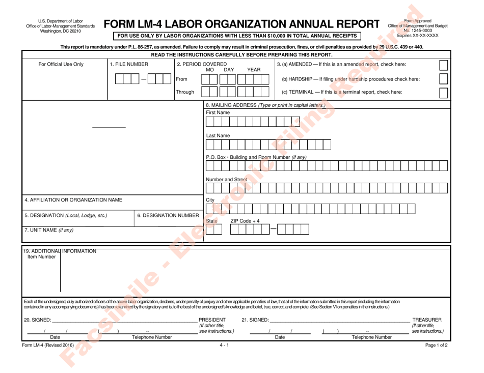 Form LM-4 Labor Organization Annual Report, Page 1