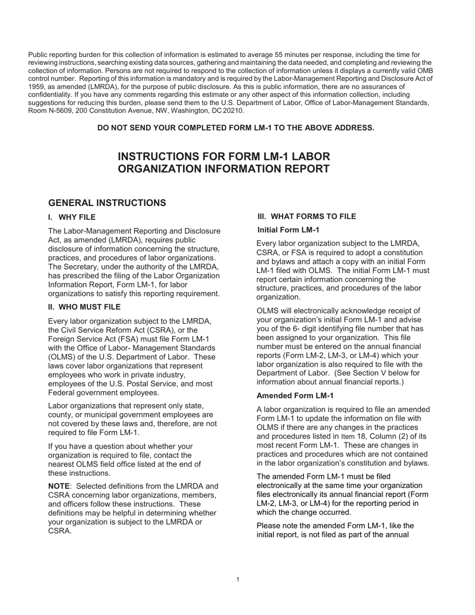 Instructions for Form LM-1 Labor Organization Information Report, Page 1
