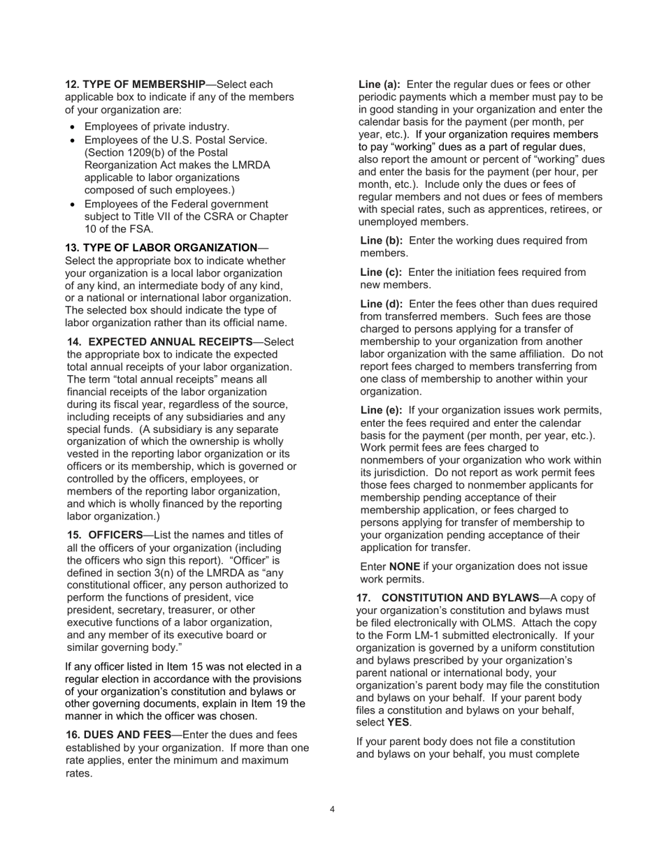 Instructions for Form LM-1 Labor Organization Information Report, Page 4