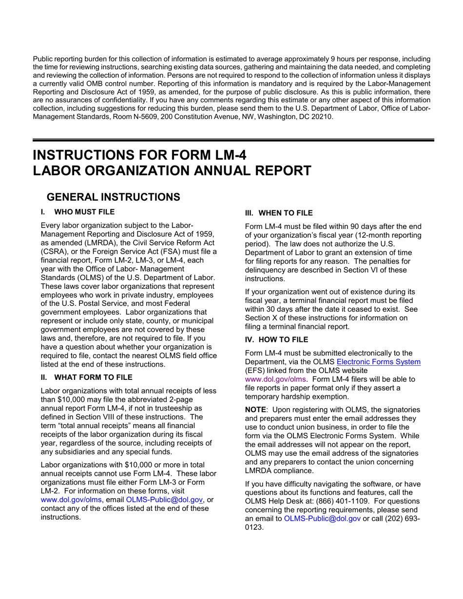 Download Instructions for Form LM4 Labor Organization Annual Report