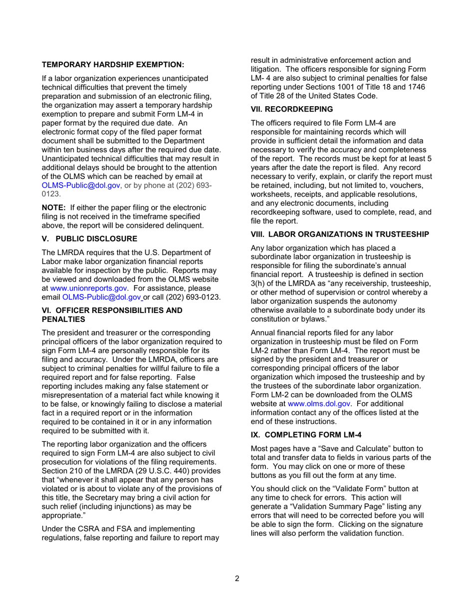 Instructions for Form LM-4 Labor Organization Annual Report, Page 2