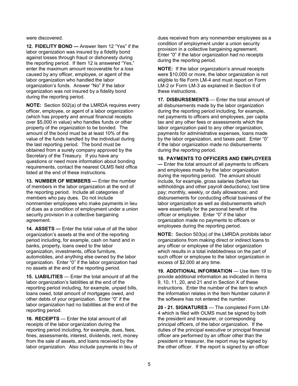 Instructions for Form LM-4 Labor Organization Annual Report, Page 5