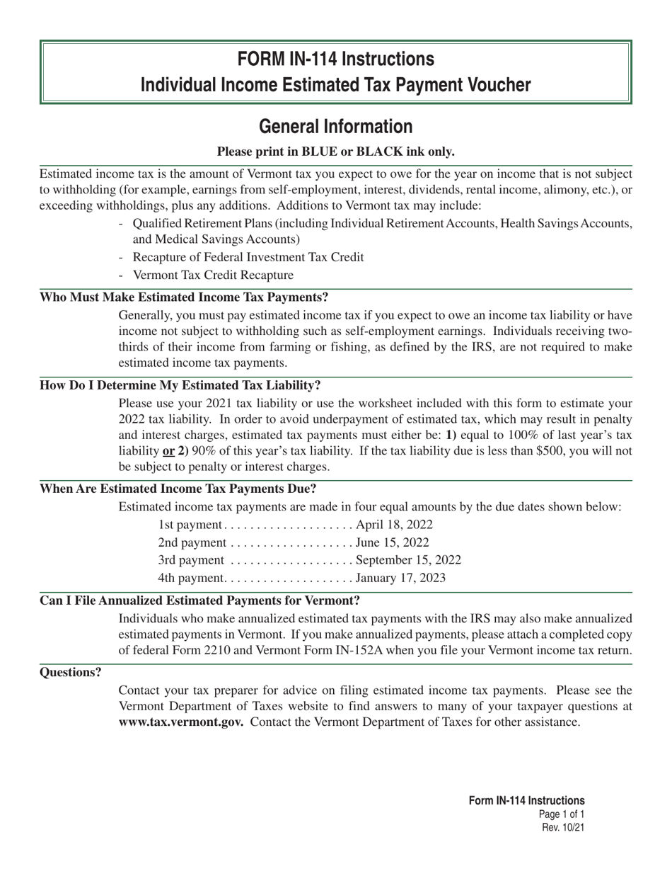Instructions for VT Form IN-114 Vermont Individual Income Estimated Tax Payment Voucher - Vermont, Page 1