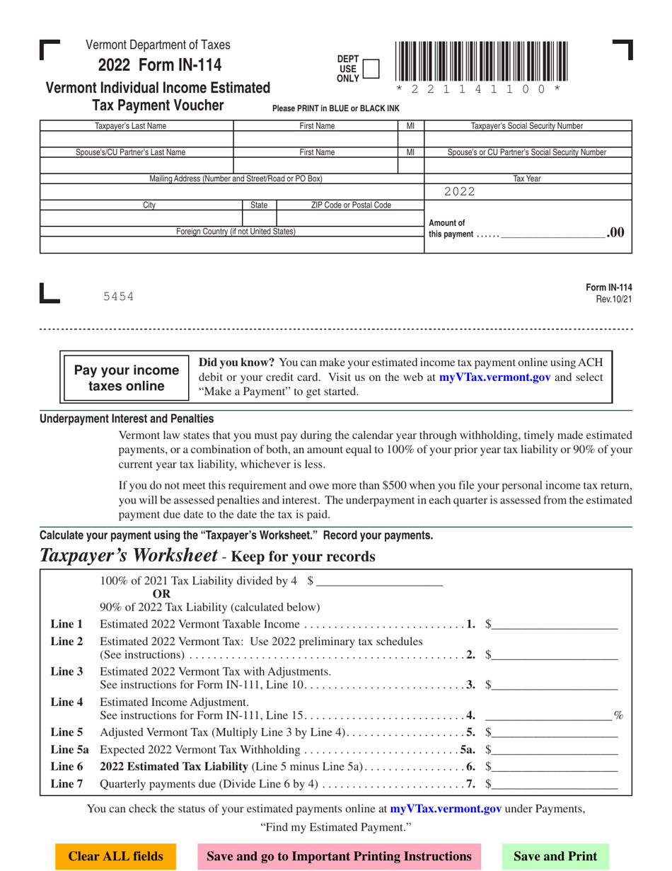 VT Form IN 114 Download Fillable PDF Or Fill Online Vermont Individual   Vt Form In 114 Vermont Individual Income Estimated Tax Payment Voucher Vermont Print Big 