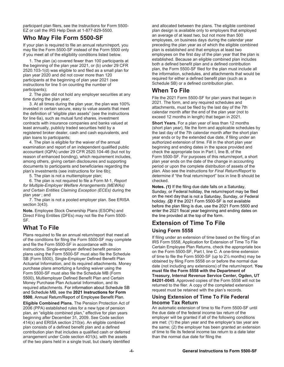 Instructions for Form 5500-SF Short Form Annual Return / Report of Small Employee Benefit Plan, Page 4