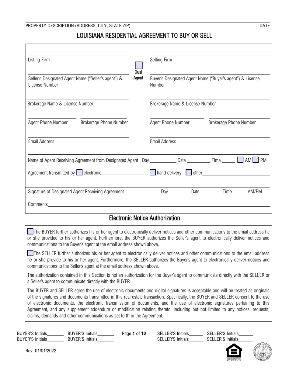 Louisiana Louisiana Residential Agreement To Buy Or Sell - Fill Out ...