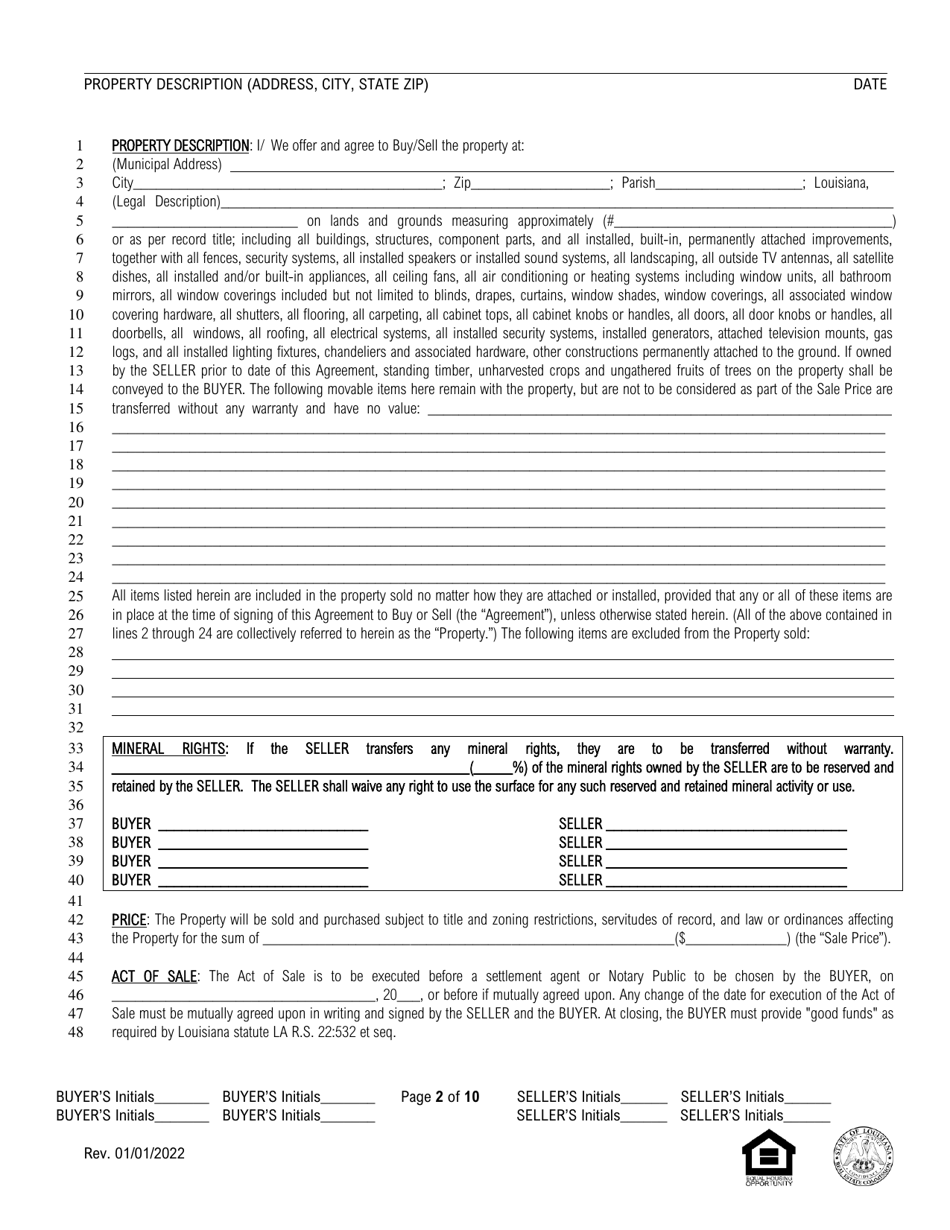Louisiana Residential Agreement to Buy or Sell - Louisiana, Page 2