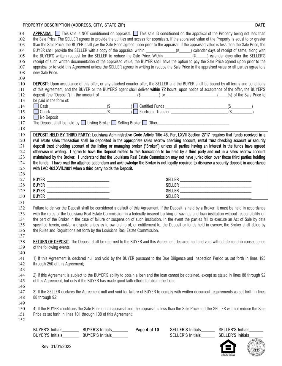 Louisiana Residential Agreement to Buy or Sell - Louisiana, Page 4