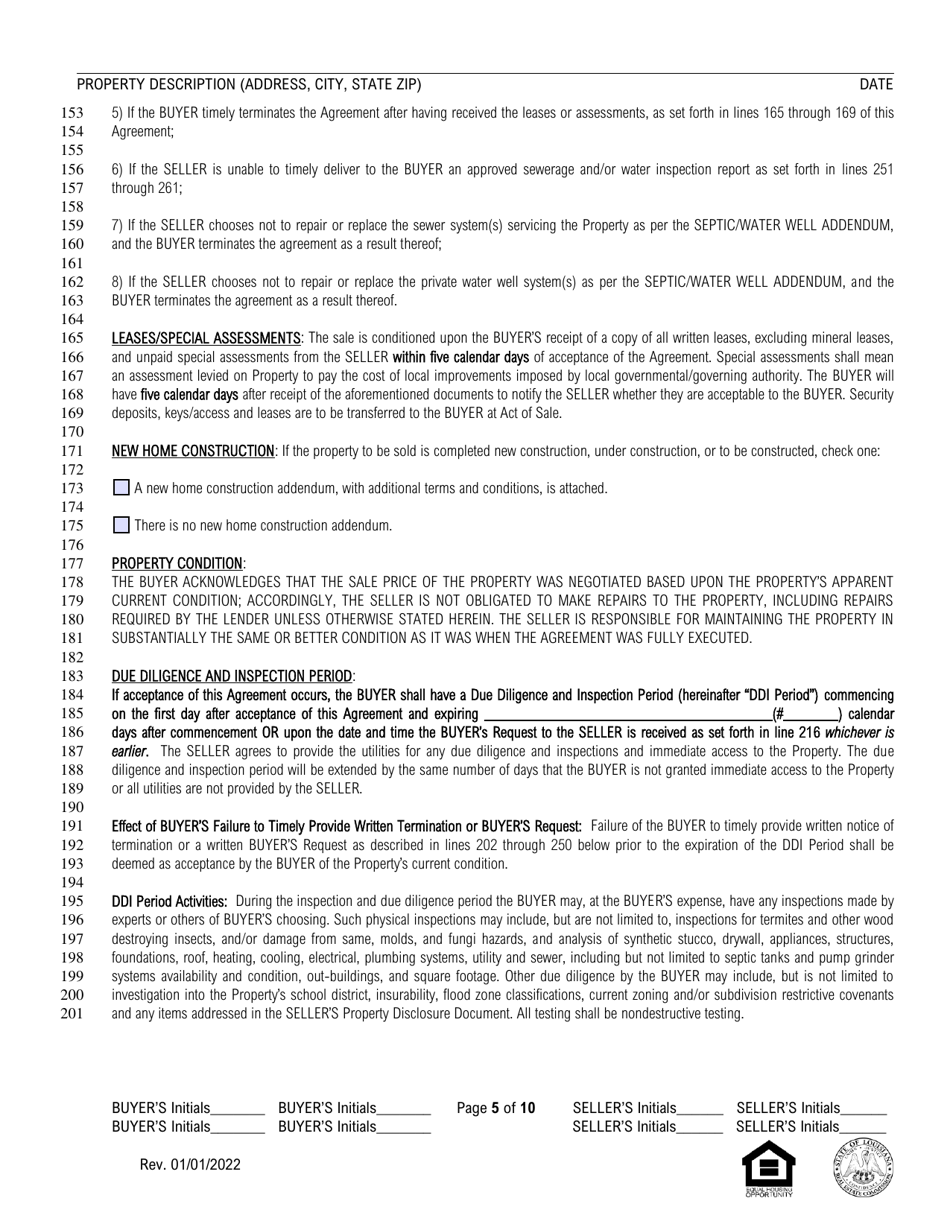 Louisiana Residential Agreement to Buy or Sell - Louisiana, Page 5