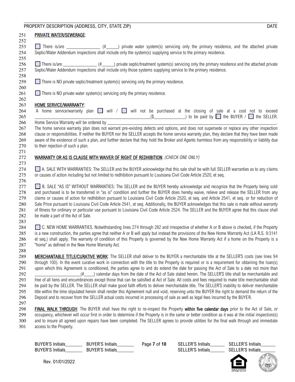 Louisiana Residential Agreement to Buy or Sell - Louisiana, Page 7