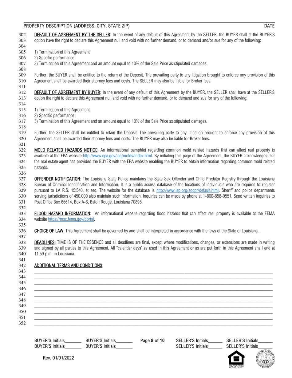 Louisiana Residential Agreement to Buy or Sell - Louisiana, Page 8