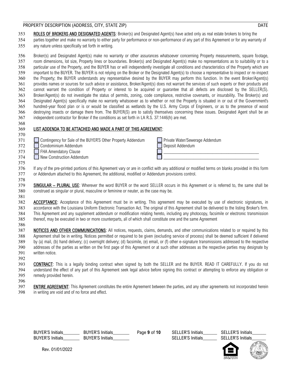Louisiana Residential Agreement to Buy or Sell - Louisiana, Page 9