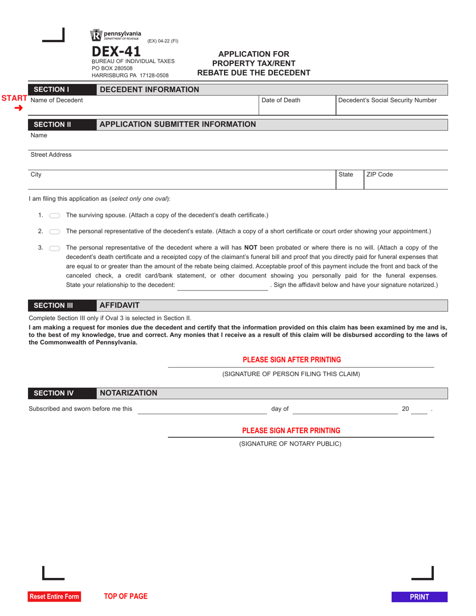 Form DEX-41 Application for Property Tax / Rent Rebate Due the Decedent - Pennsylvania, Page 1