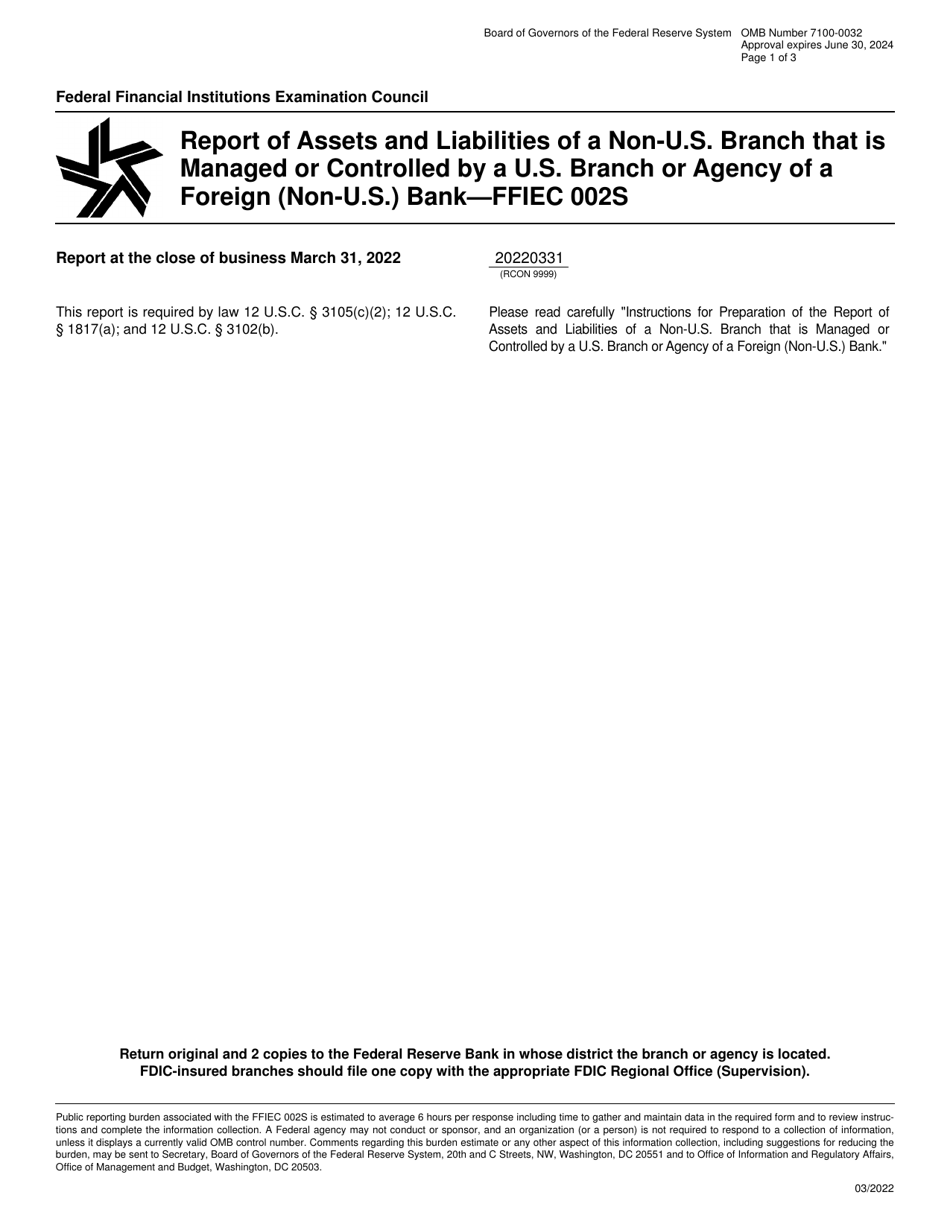 Form FFIEC002S Report of Assets and Liabilities of a Non-U.S. Branch That Is Managed or Controlled by a U.S. Branch or Agency of a Foreign (Non-U.S.) Bank, Page 1