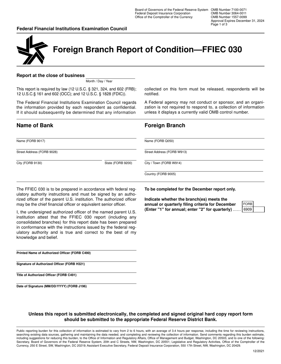Form FFIEC030 Foreign Branch Report of Condition, Page 1