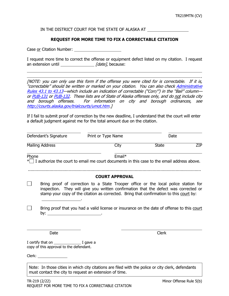 Form TR-219 Request for More Time to Fix a Correctable Citation - Alaska, Page 1
