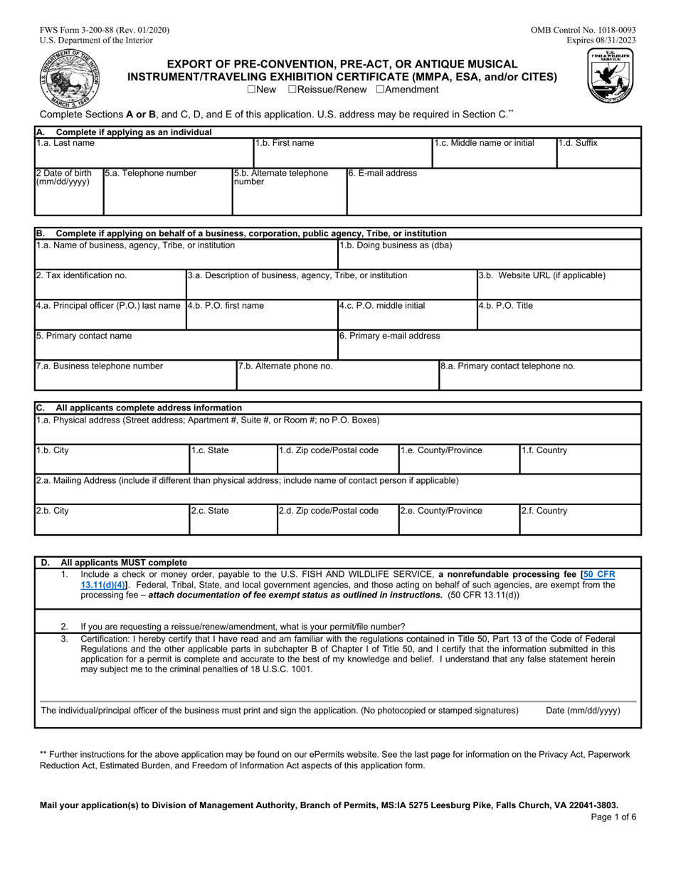 FWS Form 3-200-88 Export of Pre-convention, Pre-act, or Antique Musical Instrument / Traveling Exhibition Certificate (Mmpa, Esa, and / or Cites), Page 1
