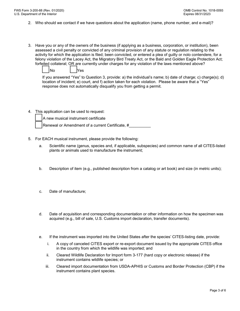 FWS Form 3-200-88 Export of Pre-convention, Pre-act, or Antique Musical Instrument / Traveling Exhibition Certificate (Mmpa, Esa, and / or Cites), Page 3