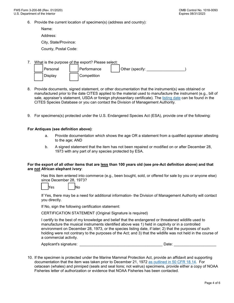 FWS Form 3-200-88 Export of Pre-convention, Pre-act, or Antique Musical Instrument / Traveling Exhibition Certificate (Mmpa, Esa, and / or Cites), Page 4