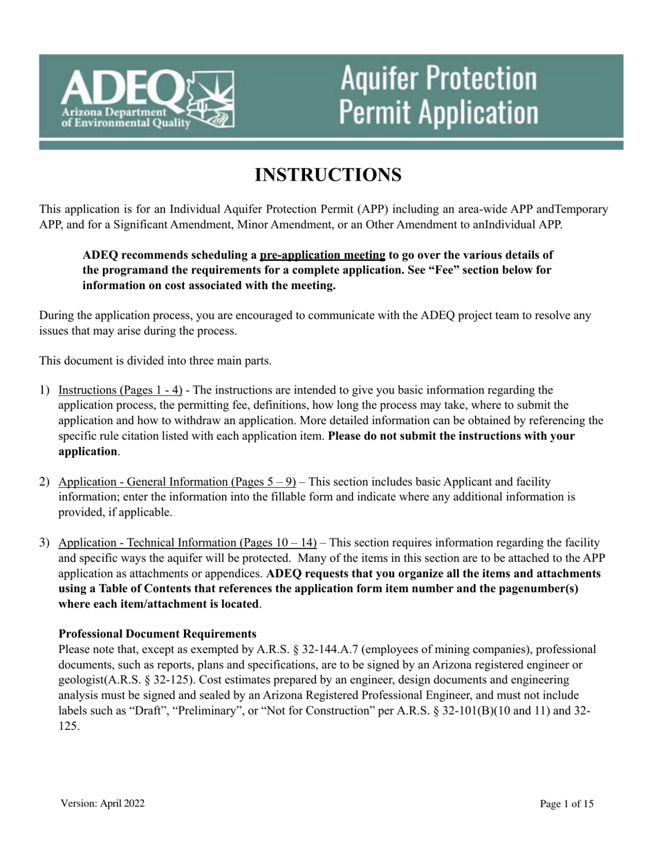 Aquifer Protection Permit Application - Arizona, Page 1