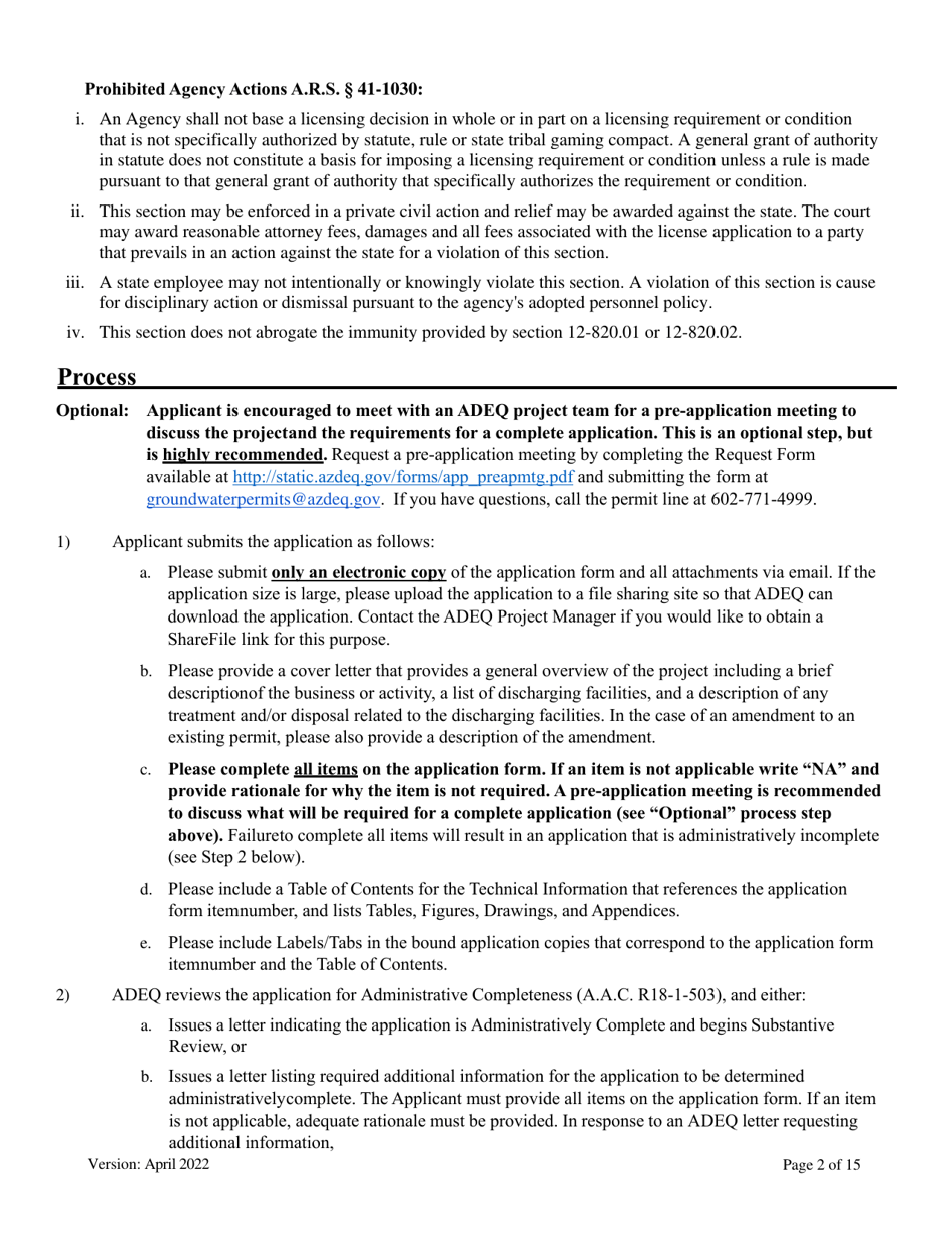 Aquifer Protection Permit Application - Arizona, Page 2