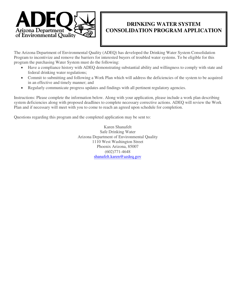 Drinking Water System Consolidation Program Application - Arizona, Page 1