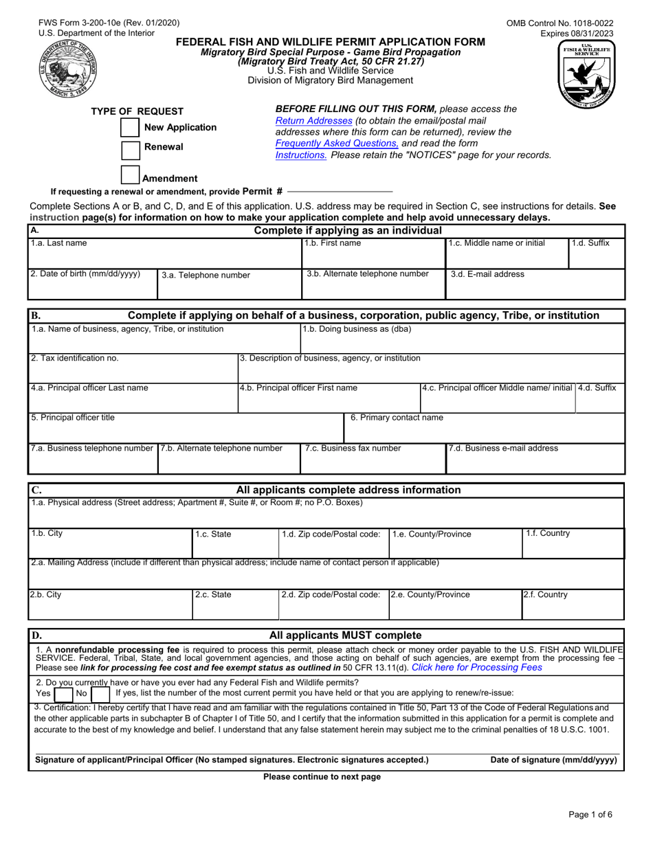 FWS Form 3-200-10E Federal Fish and Wildlife Permit Application Form: Special Purpose - Migratory Game Bird Propagation, Page 1