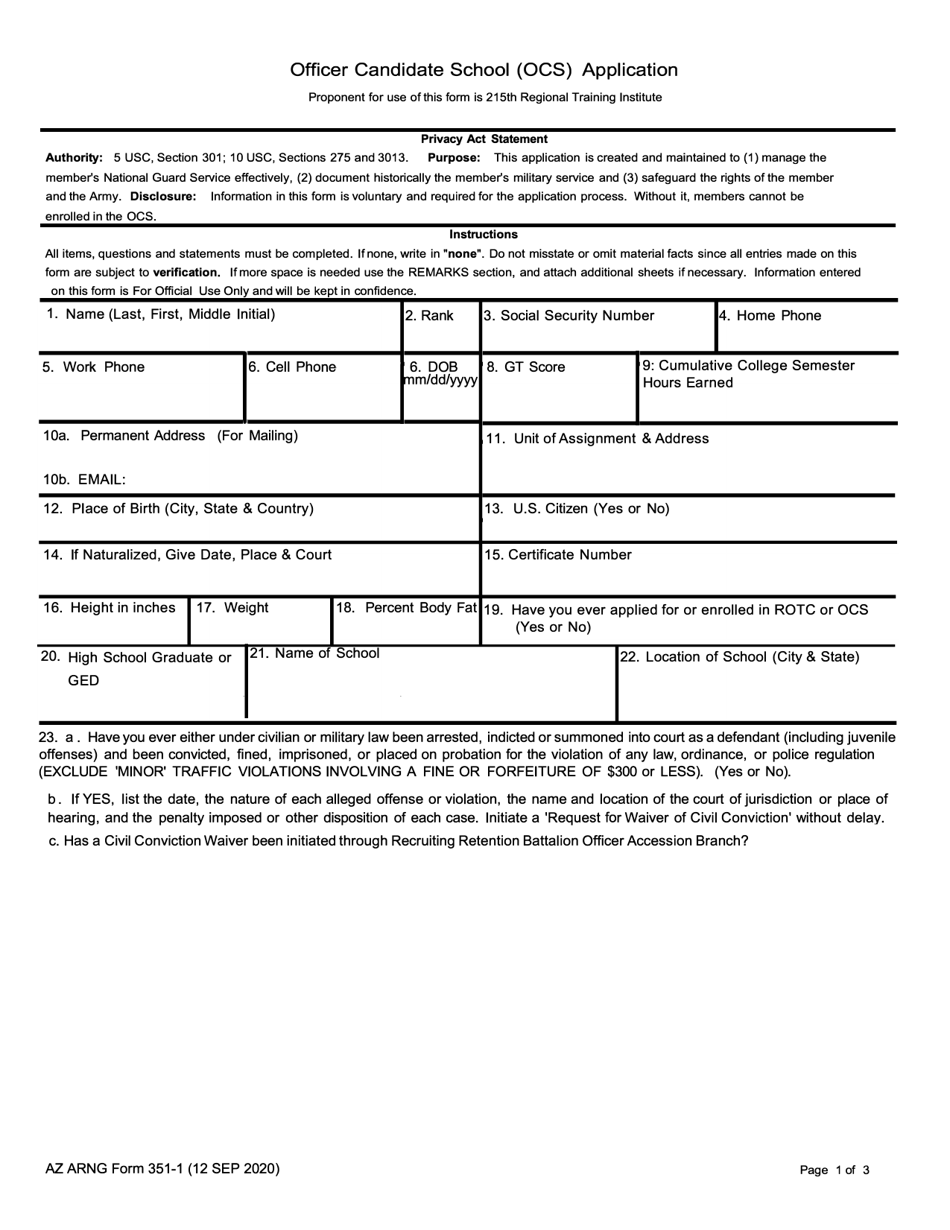 AZ ARNG Form 351-1 Officer Candidate School (Ocs) Application - Arizona, Page 1