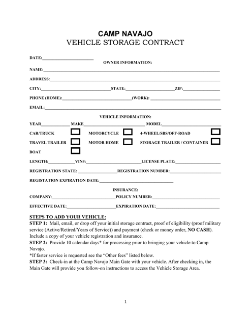 Camp Navajo Vehicle Storage Contract - Arizona Download Pdf