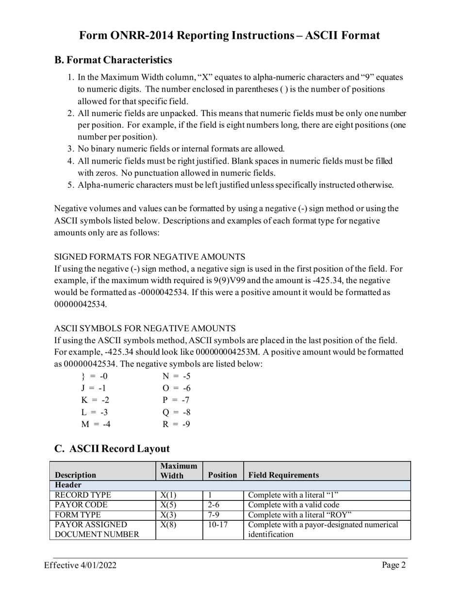 Instructions for Form ONRR-2014 Report of Sales and Royalty Remittance - Ascii Format, Page 2