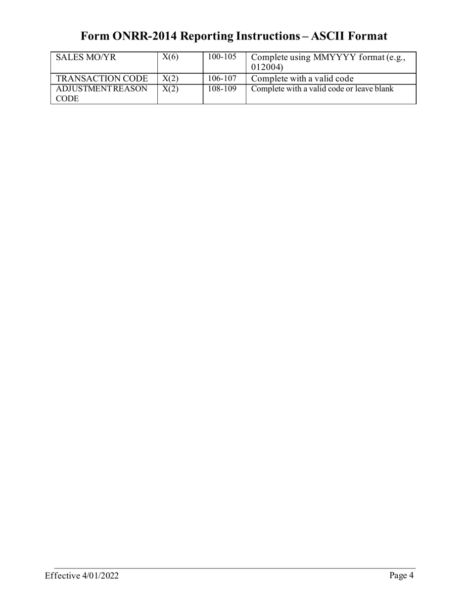 Instructions for Form ONRR-2014 Report of Sales and Royalty Remittance - Ascii Format, Page 4