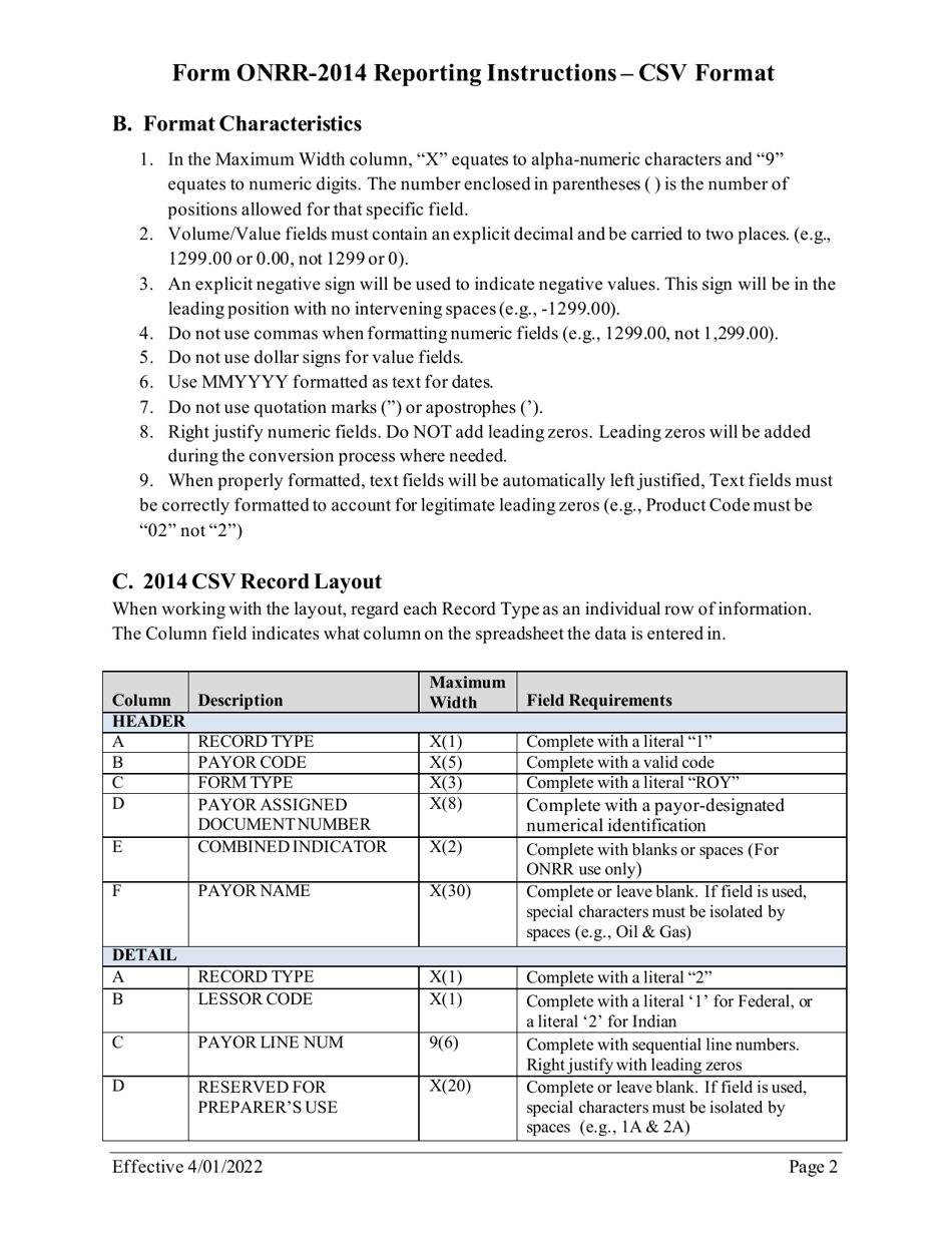 Instructions for Form ONRR-2014 Report of Sales and Royalty Remittance - Csv Record Layout, Page 2