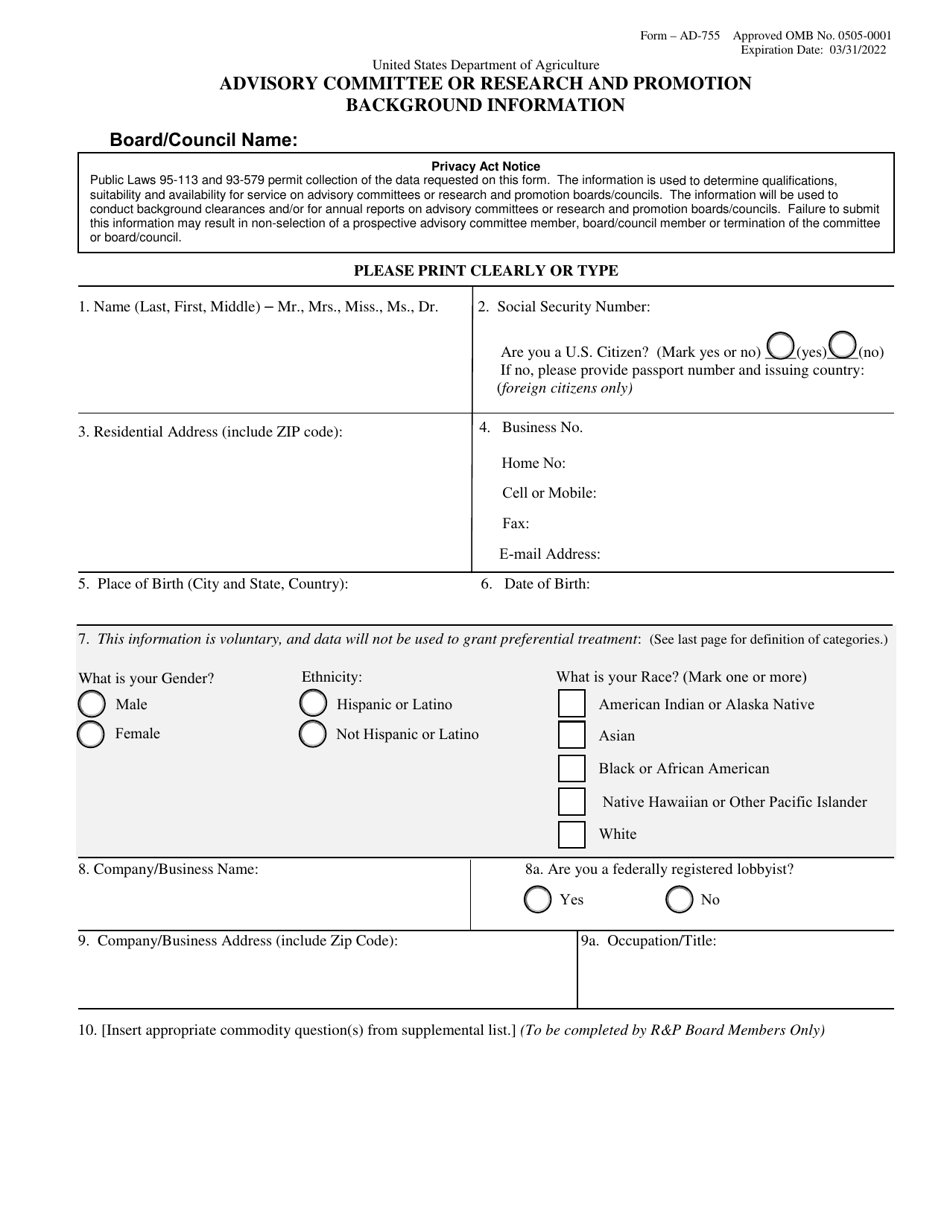 Form AD-755 Advisory Committee or Research and Promotion Background Information, Page 1