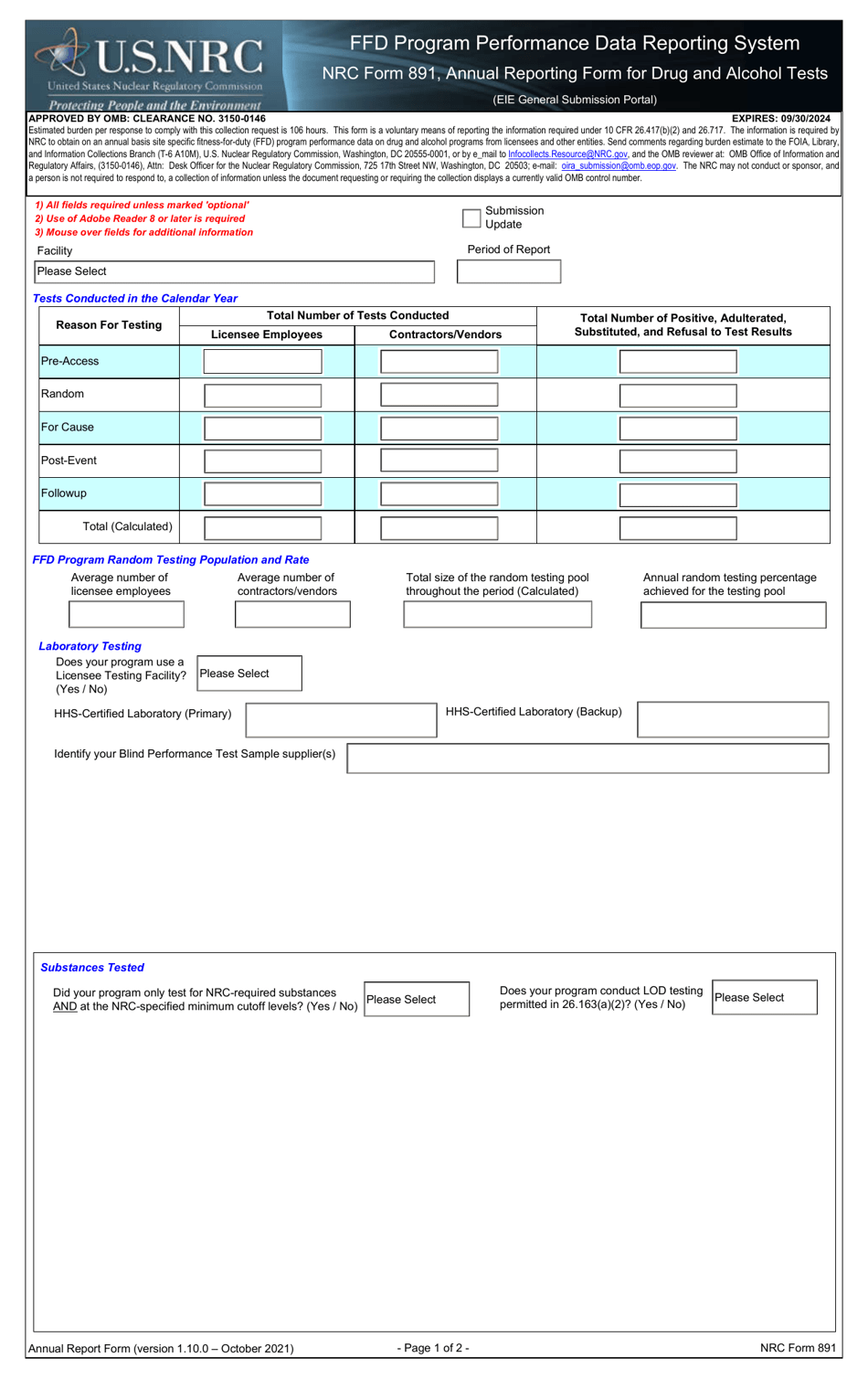 NRC Form 891 Annual Reporting Form for Drug and Alcohol Tests, Page 1