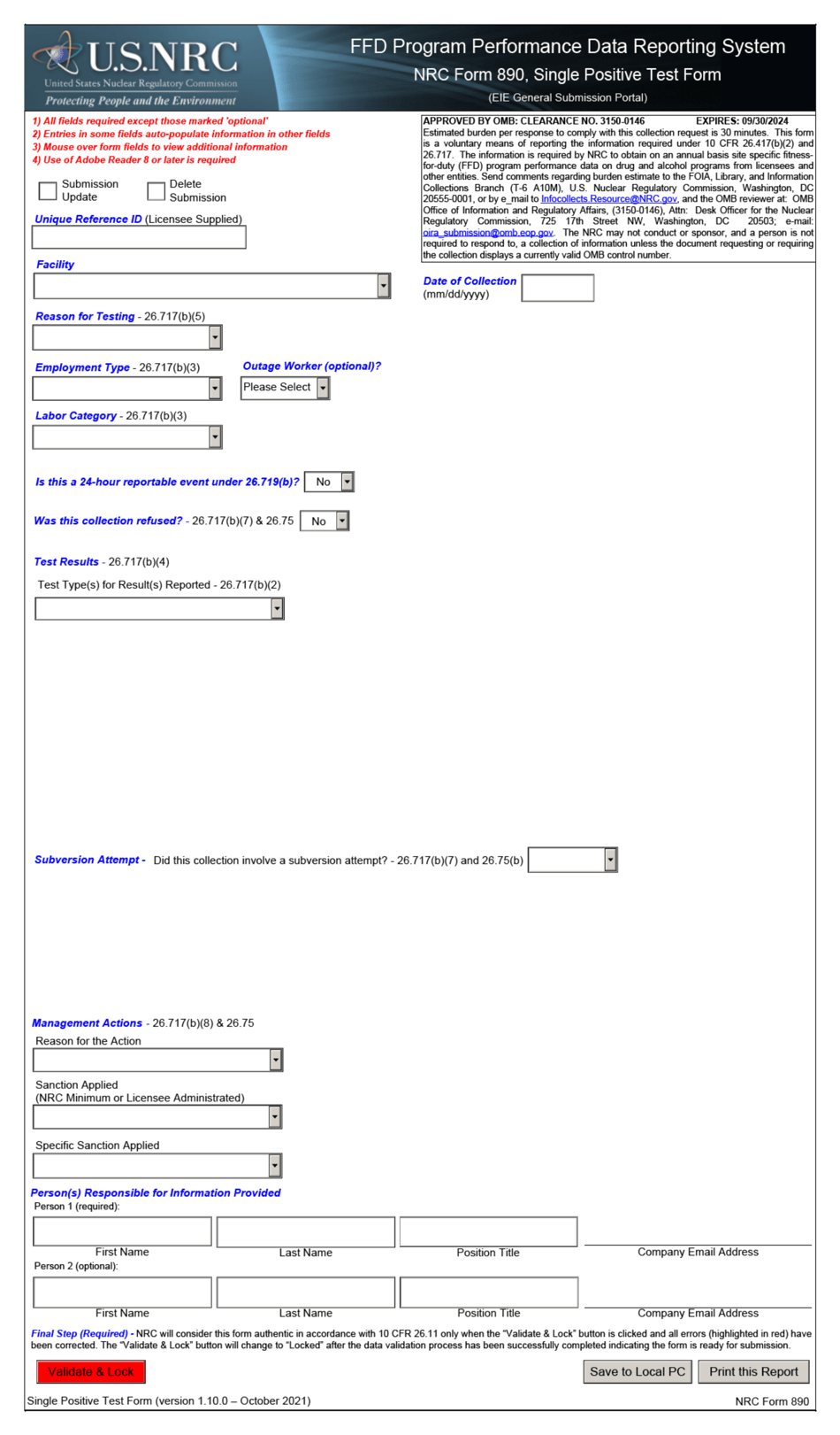 NRC Form 890 Single Positive Test Form, Page 1
