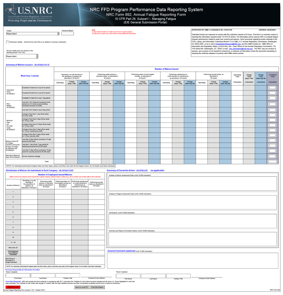 NRC Form 892 Annual Fatigue Reporting Form, Page 1
