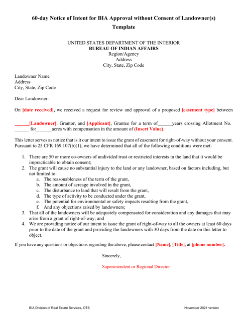60-day Notice of Intent for Bia Approval Without Consent of Landowner(S) Template Download Pdf
