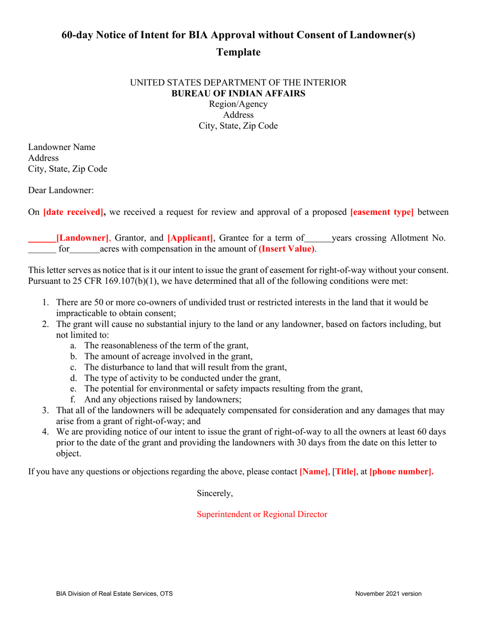 60-day Notice of Intent for Bia Approval Without Consent of Landowner(S) Template, Page 1