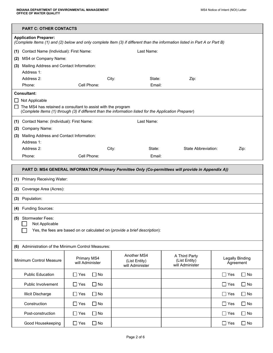 State Form 51270 Municipal Separate Storm Sewer (Ms4) Notice of Intent (Noi) Letter - Indiana, Page 2