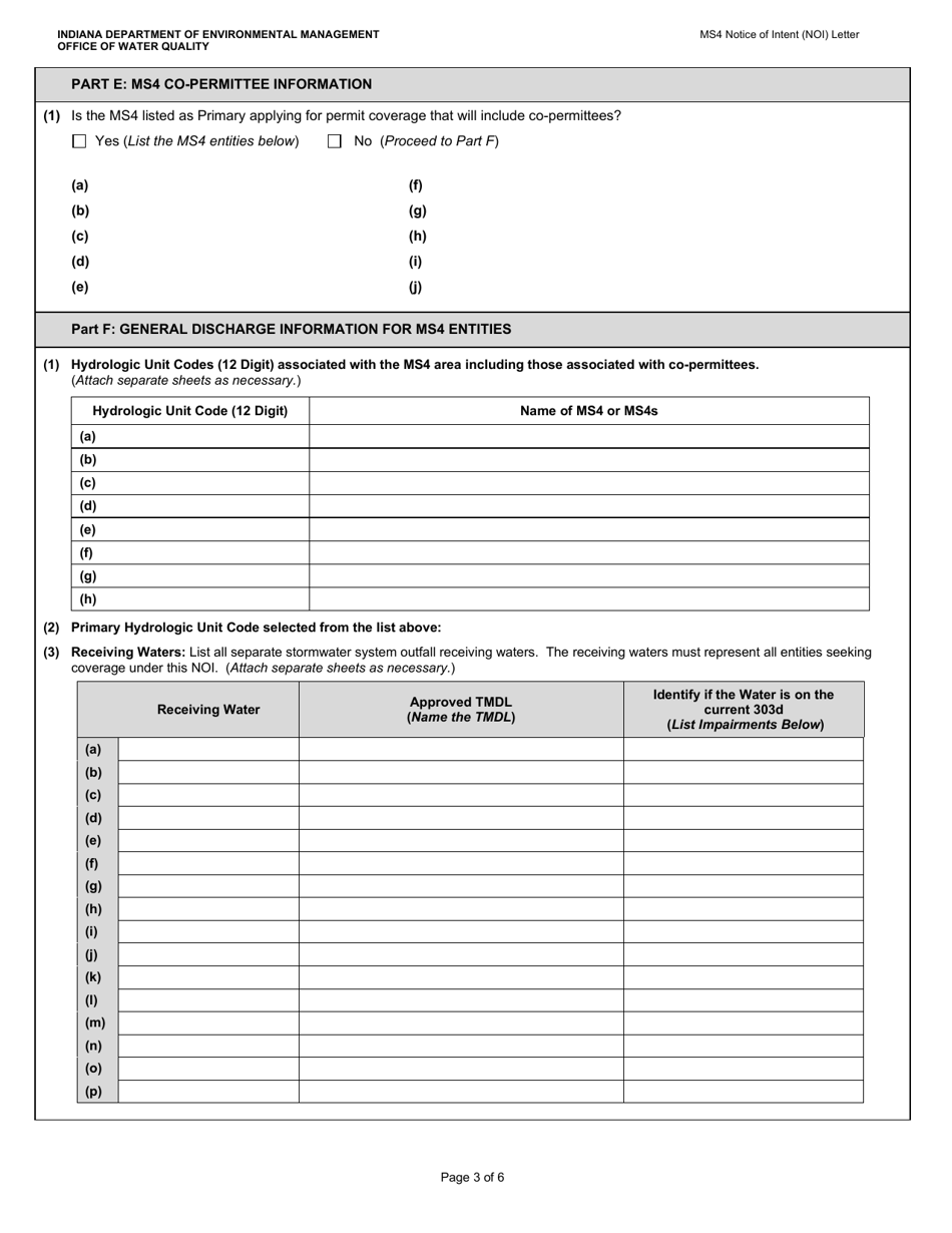 State Form 51270 Municipal Separate Storm Sewer (Ms4) Notice of Intent (Noi) Letter - Indiana, Page 3