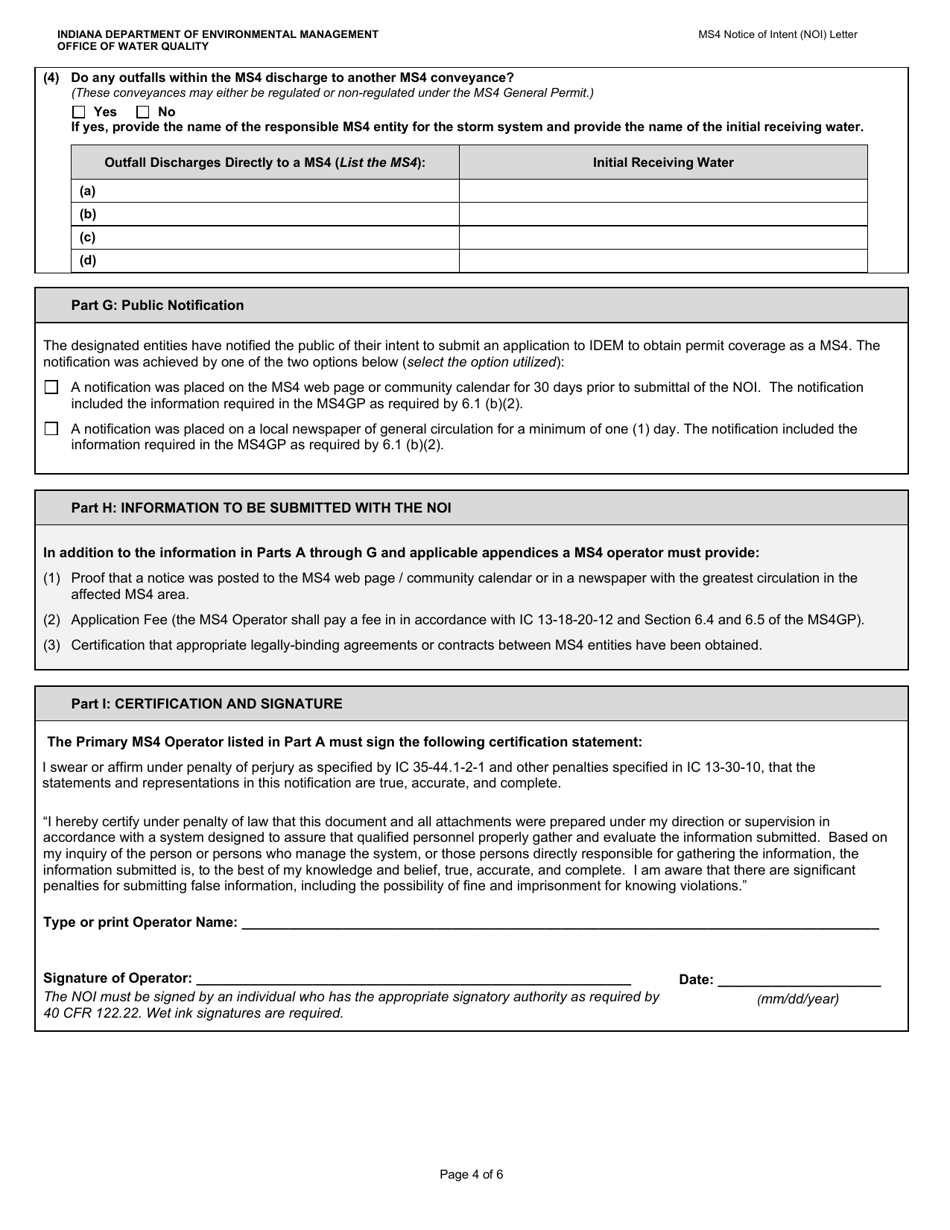State Form 51270 Municipal Separate Storm Sewer (Ms4) Notice of Intent (Noi) Letter - Indiana, Page 4