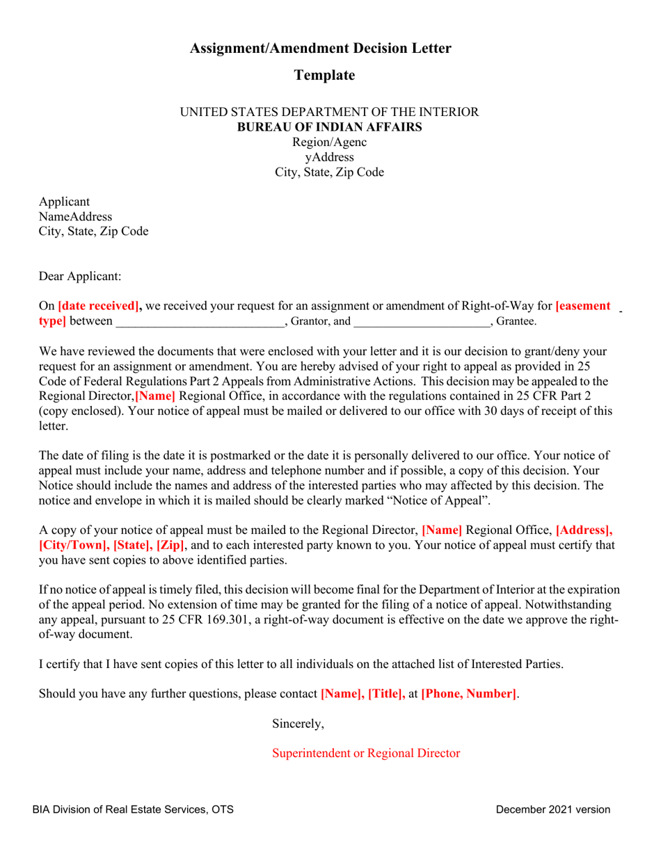 Assignment / Amendment Decision Letter Template, Page 1