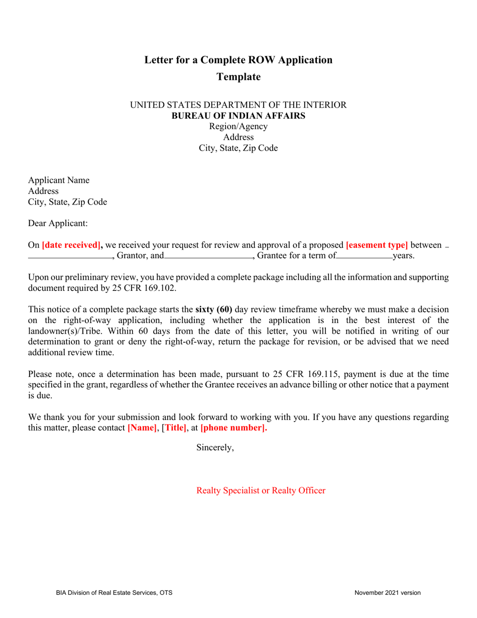 Letter for a Complete Row Application Template, Page 1