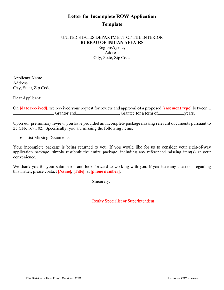Letter for Incomplete Row Application Template, Page 1