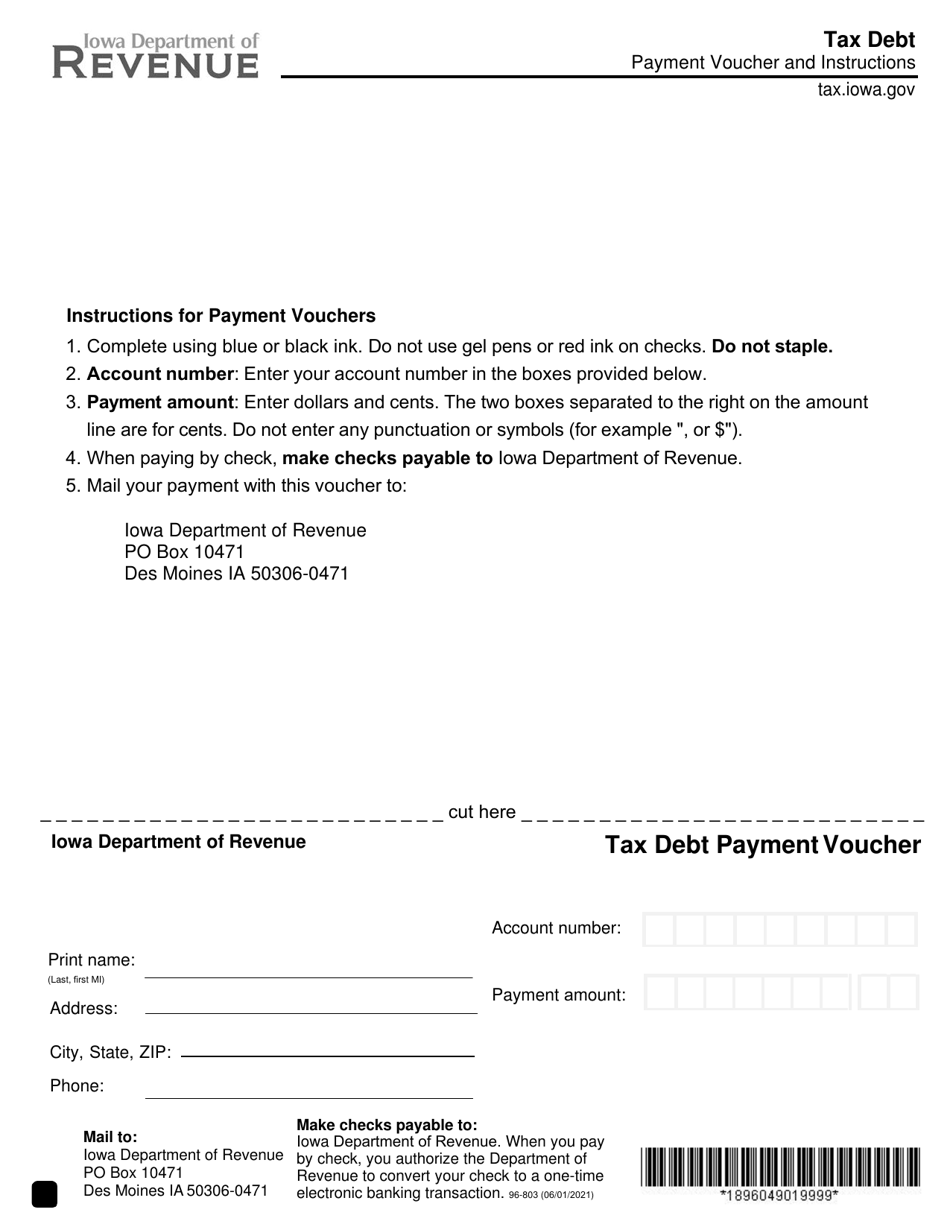 Form 96-803 Tax Debt Payment Voucher - Iowa, Page 1