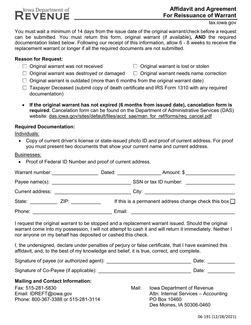 Form 06-191 Affidavit and Agreement for Reissuance of Warrant - Iowa, Page 1