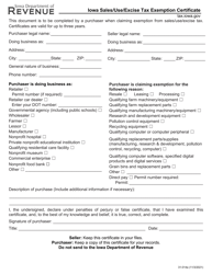 Form 31-014A Iowa Sales/Use/Excise Tax Exemption Certificate - Iowa