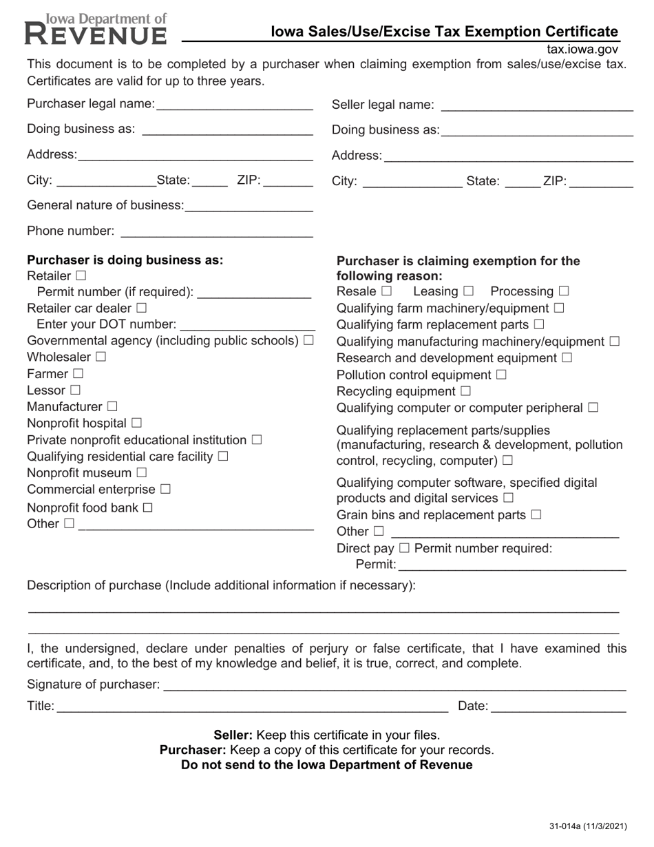Form 31-014A Iowa Sales / Use / Excise Tax Exemption Certificate - Iowa, Page 1
