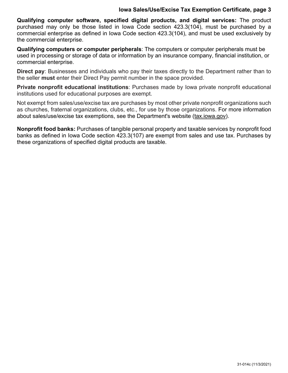 Form 31-014A Iowa Sales / Use / Excise Tax Exemption Certificate - Iowa, Page 3