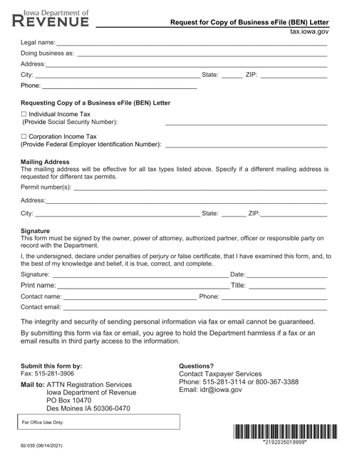 Form 92-035  Printable Pdf